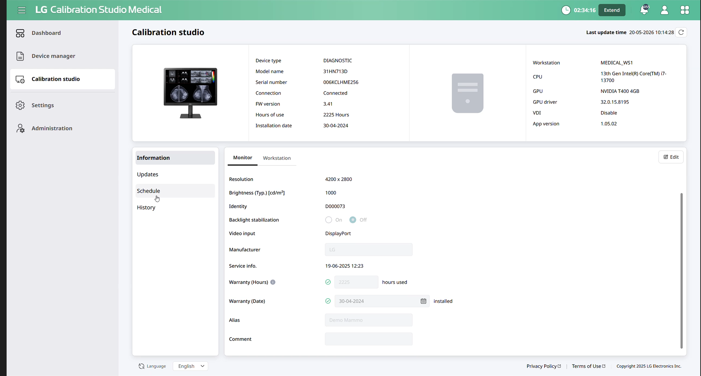 Vista del dispositivo en LCSM Calibration studio desde la sesión de preview para partners, mostrando el monitor diagnóstico LG 31HN713D con modelo, número de serie, versión de firmware 3.41, horas de uso, fecha de instalación, especificaciones de la estación de trabajo (Intel i7-13700, NVIDIA T400) y configuración del monitor (resolución 4200x2800, brillo 1000 cd/m², DisplayPort, estabilización de retroiluminación, seguimiento de garantía)