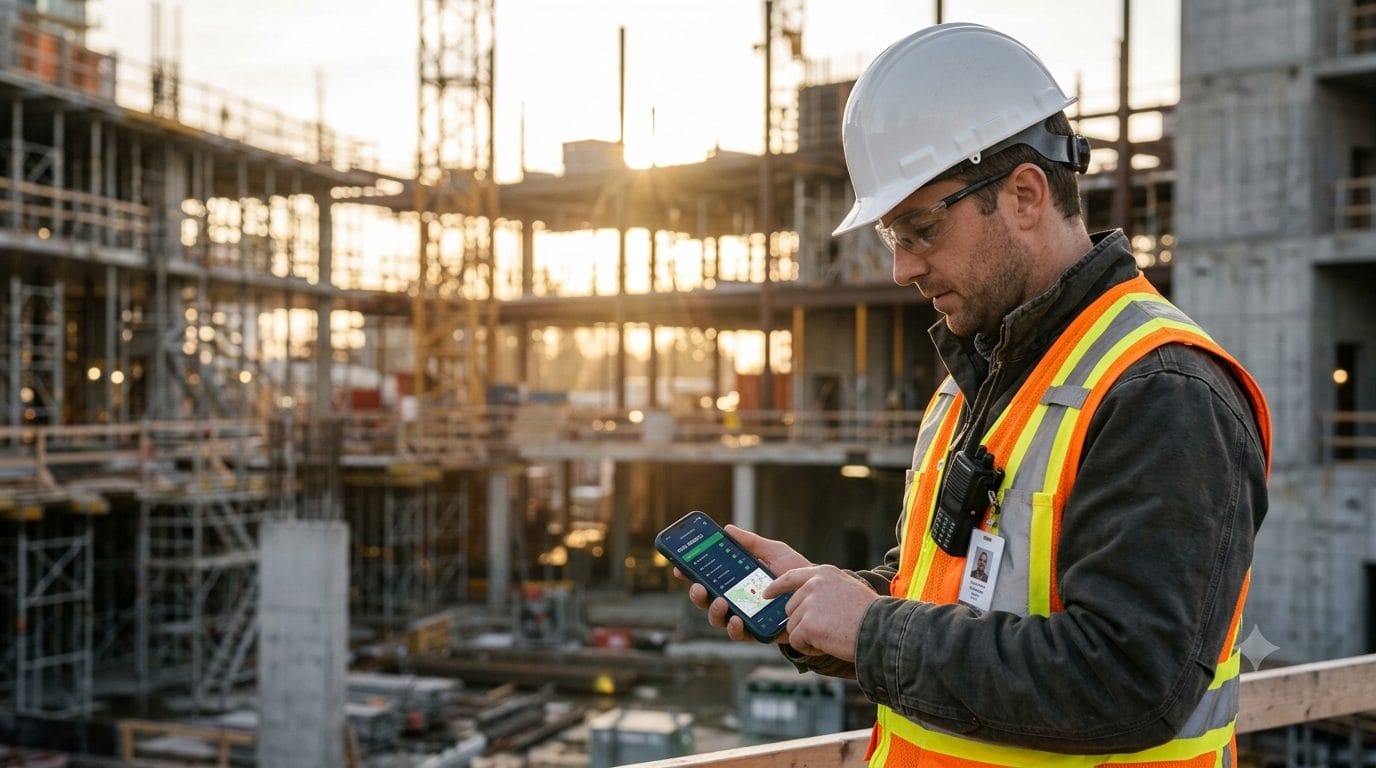 Site supervisor in a hard hat and hi vis vest checking the CrewPresence app on a construction site