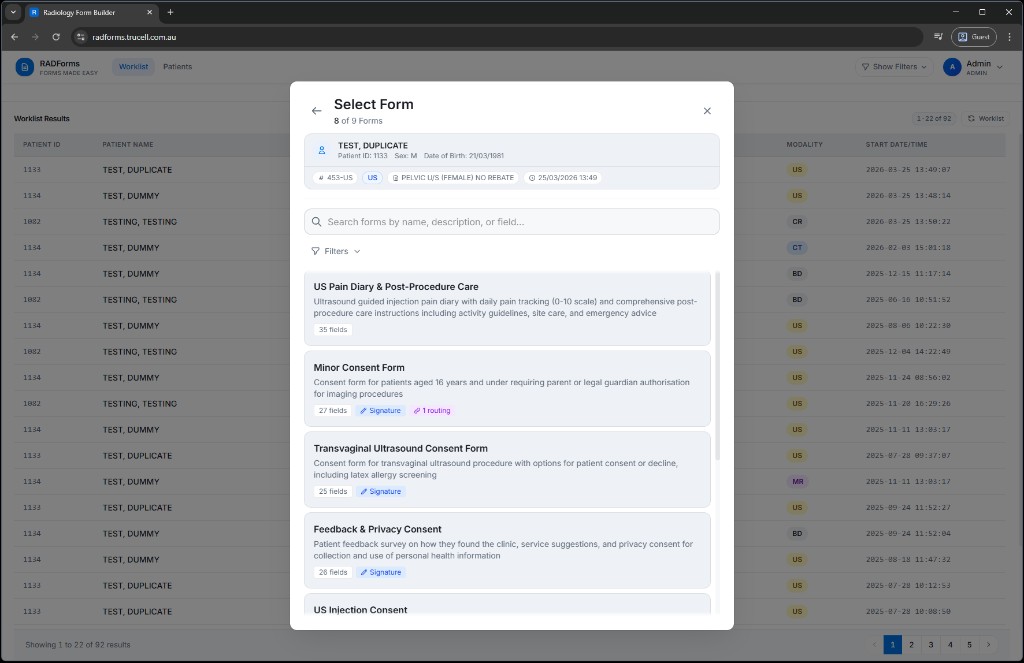 Selector de formularios RADForms con plantillas de consentimiento buscables y metadatos.